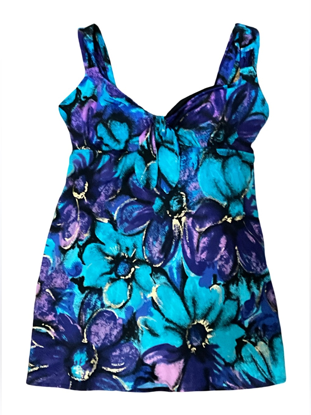 Robby Len Women’s Size 14 Blue Purple Floral Swim Dress Padded One Piece